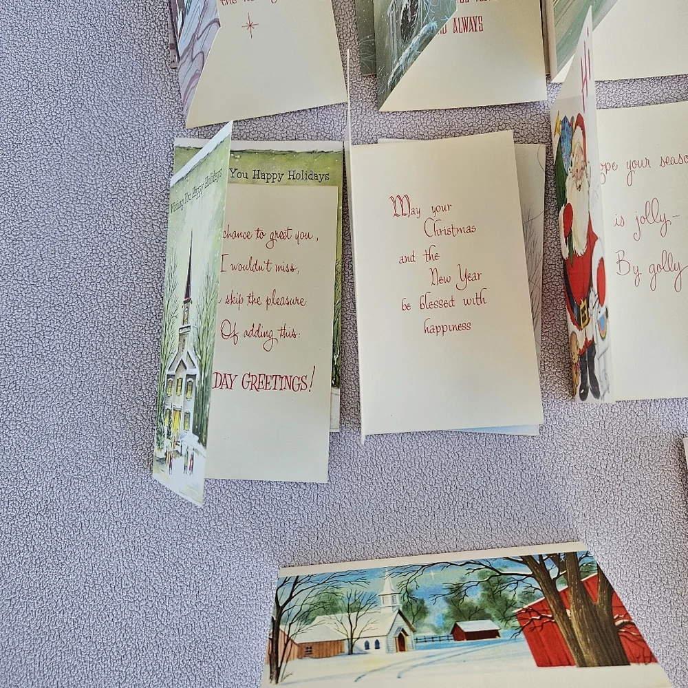 VTG Christmas Card Set of 16 Holiday Greeting Church Snow Deer Santa Mailbox
